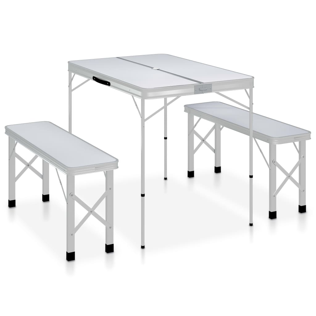 Vetonek Mesa de camping plegable con 2 bancos aluminio blanco