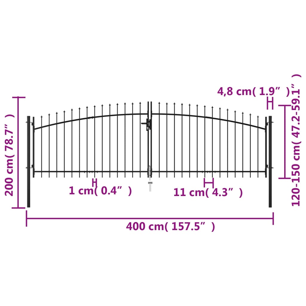 Puerta doble para valla con puntas de lanza 400x200 cm