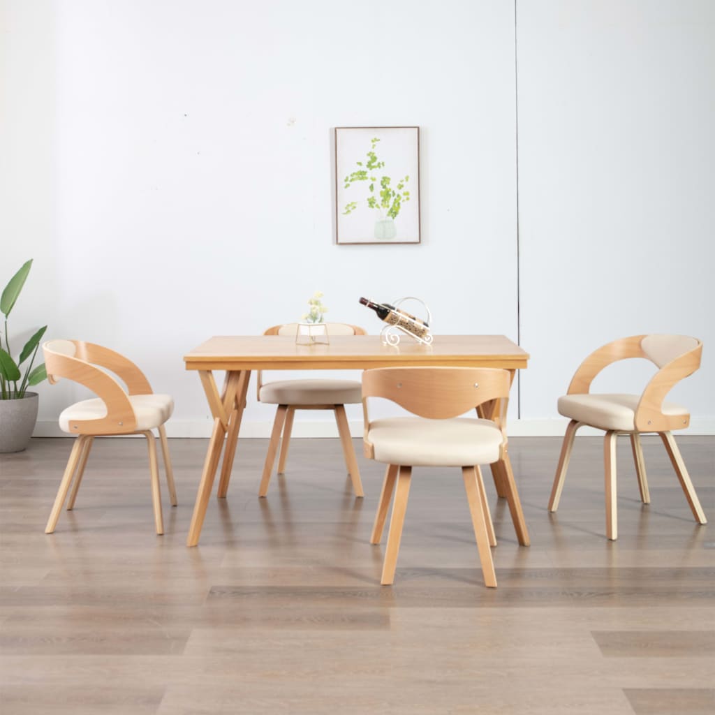 Vetonek Sillas de comedor 4 uds madera curvada y cuero sintético crema