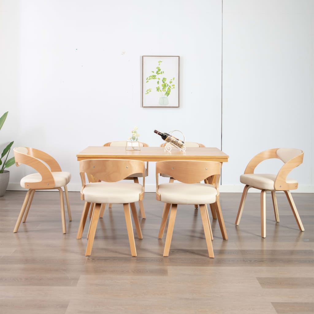 Vetonek Sillas de comedor 6 uds madera curvada y cuero sintético crema