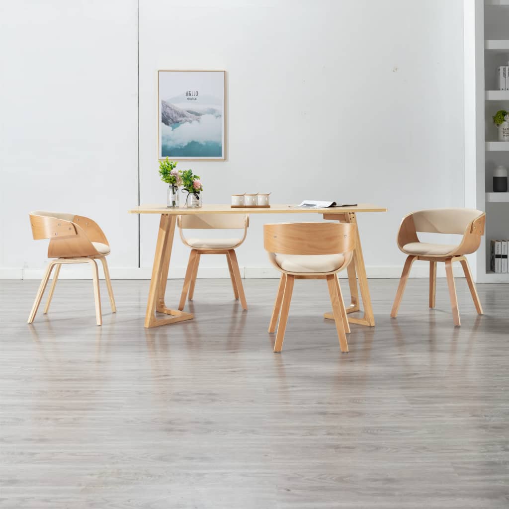 Vetonek Sillas de comedor 4 uds madera curvada y cuero sintético crema