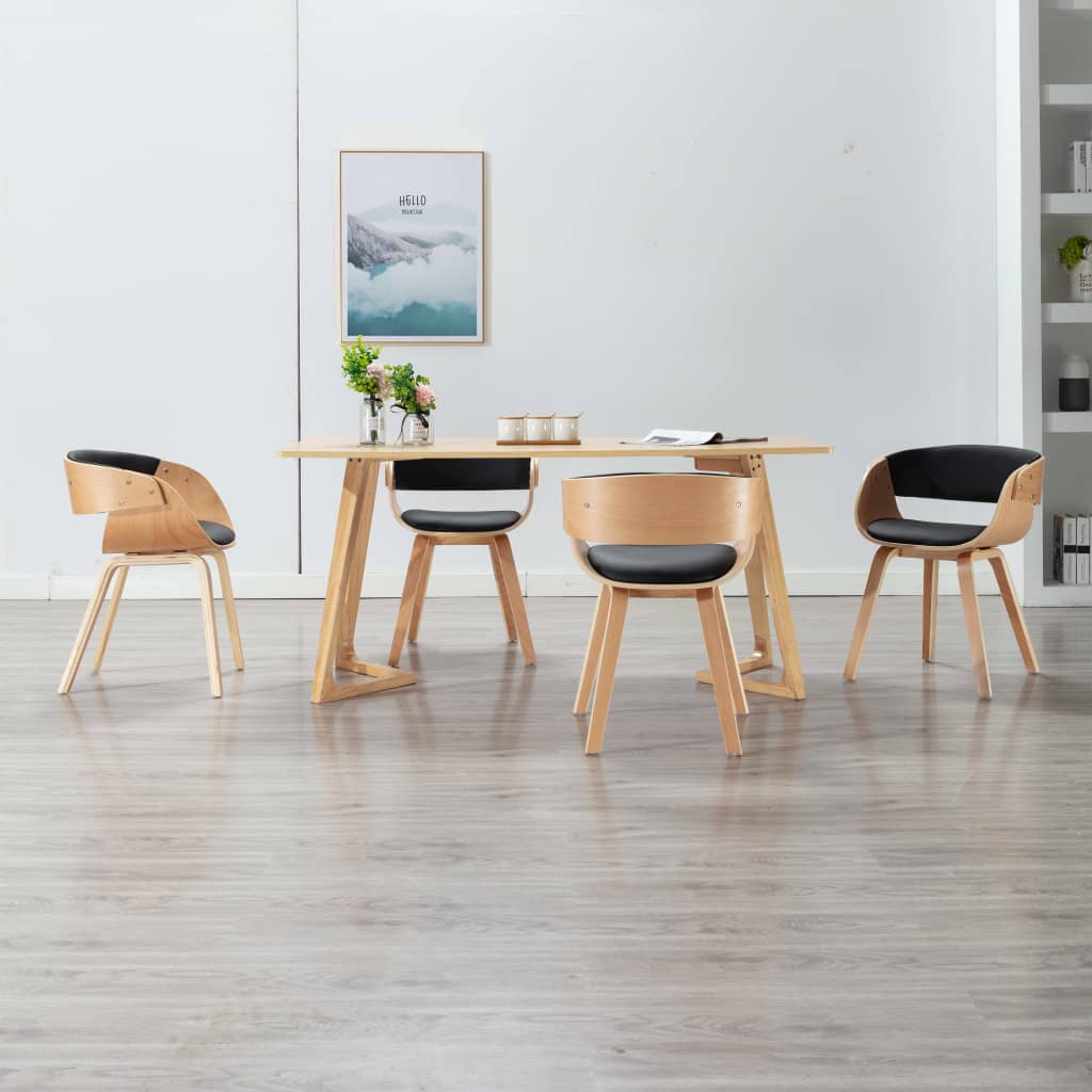 Vetonek Sillas de comedor 4 uds madera curvada cuero sintético negro