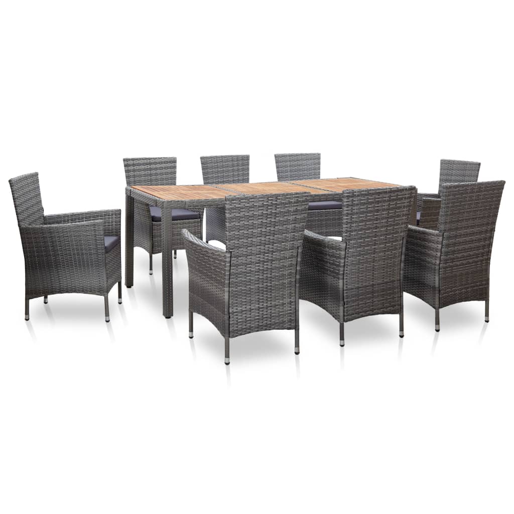 Vetonek Set de comedor de jardín 9 pzas y cojines ratán sintético gris