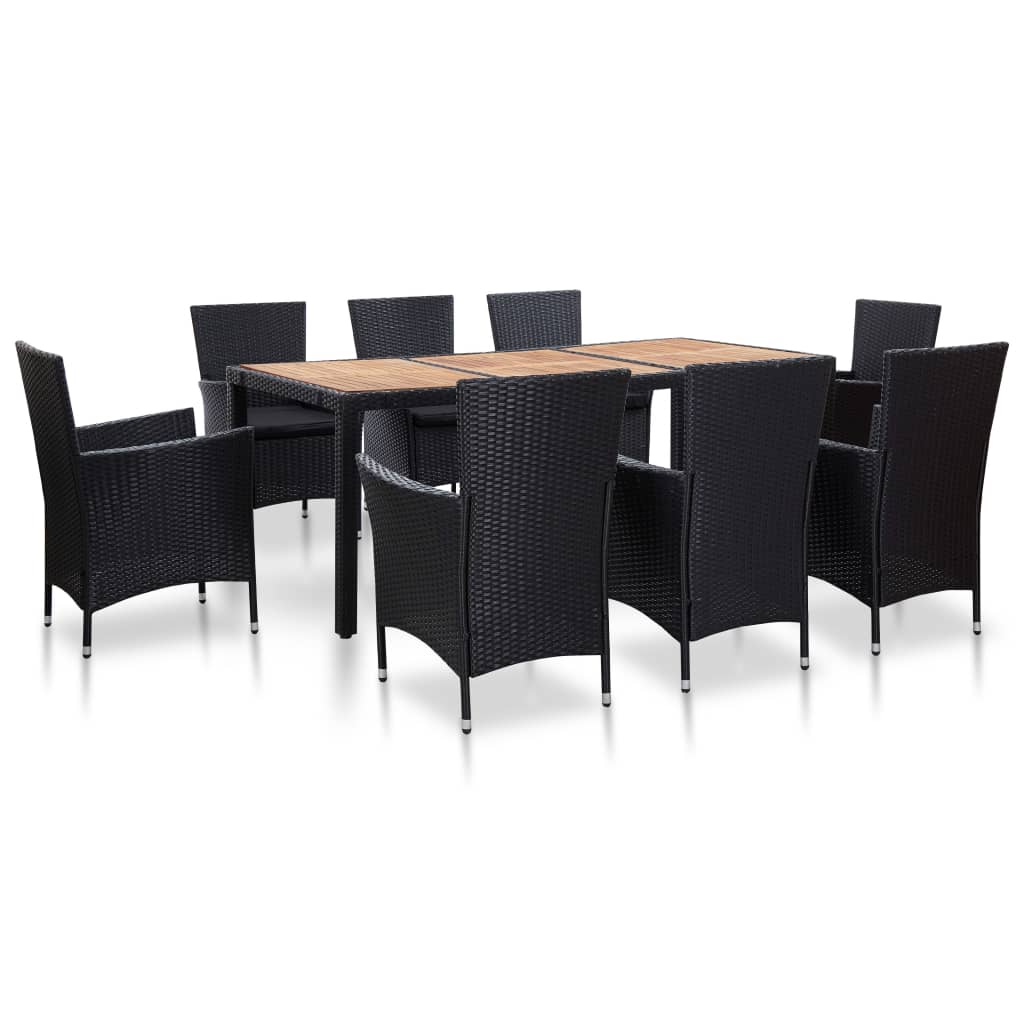 Vetonek Set comedor de jardín 9 piezas y cojines ratán sintético negro 