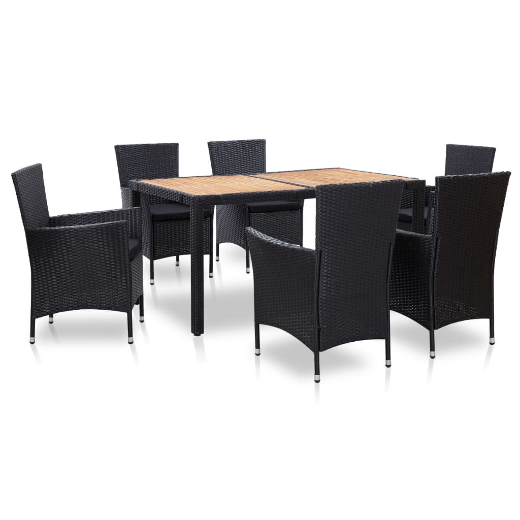 Vetonek Set comedor de jardín 7 piezas y cojines ratán sintético negro