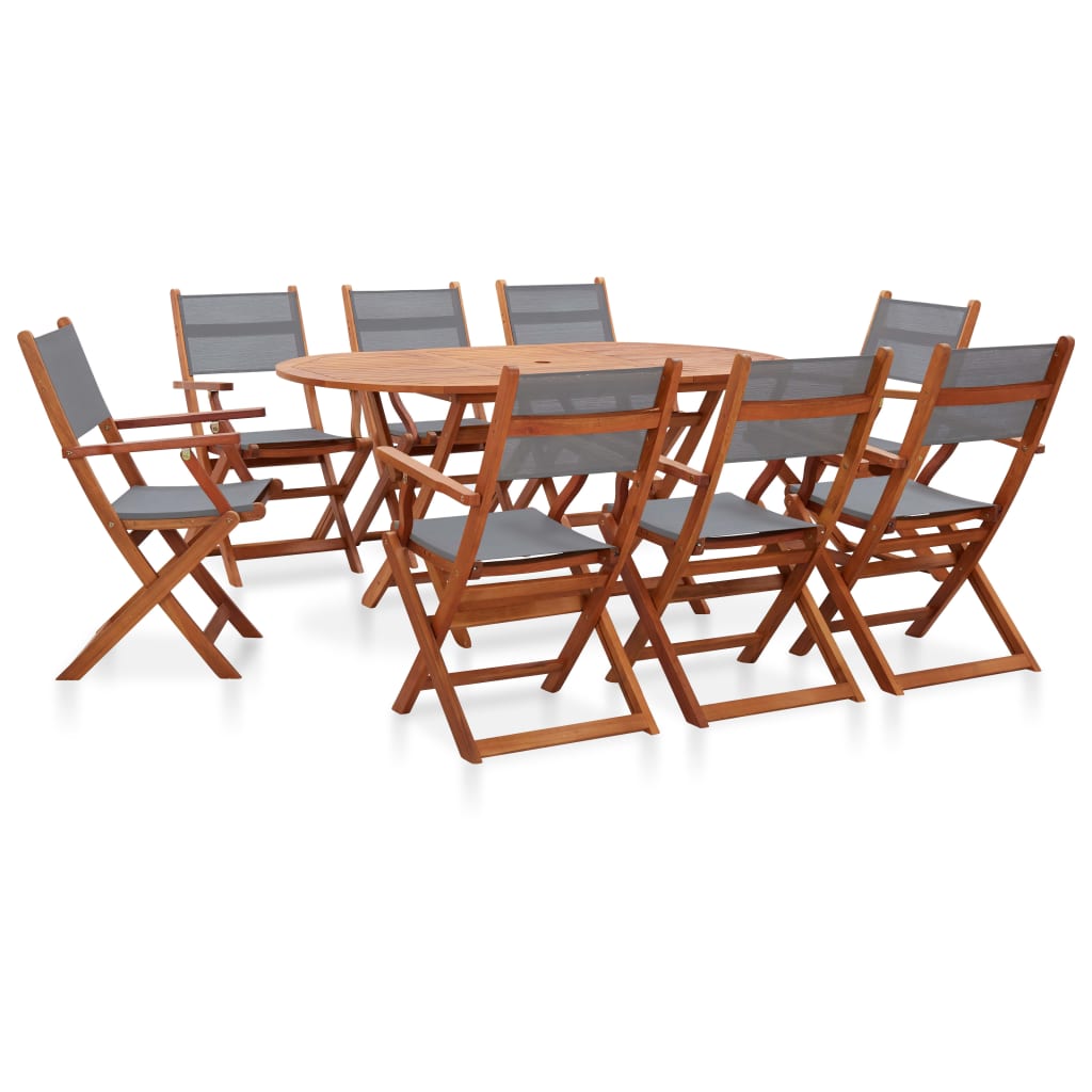 Vetonek Set de comedor de jardín 9 pzas madera eucalipto textilene gris 