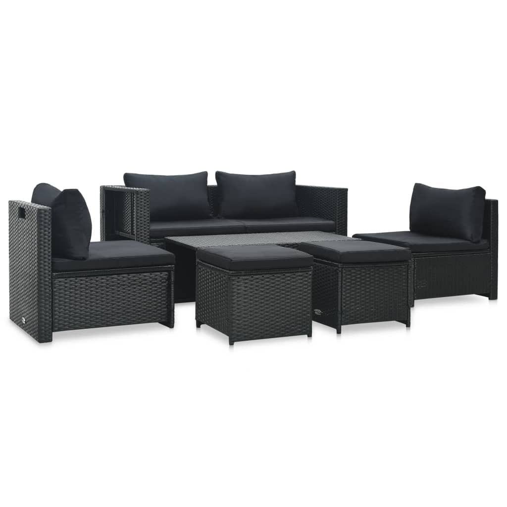 Vetonek Set muebles de jardín 6 piezas y cojines ratán sintético negro