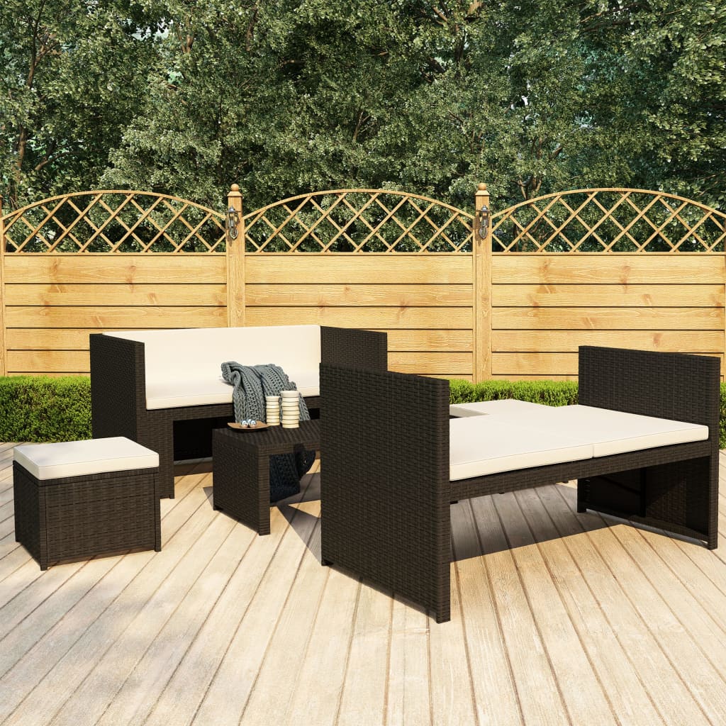 Vetonek Set muebles de jardín 5 piezas y cojines ratán sintético negro