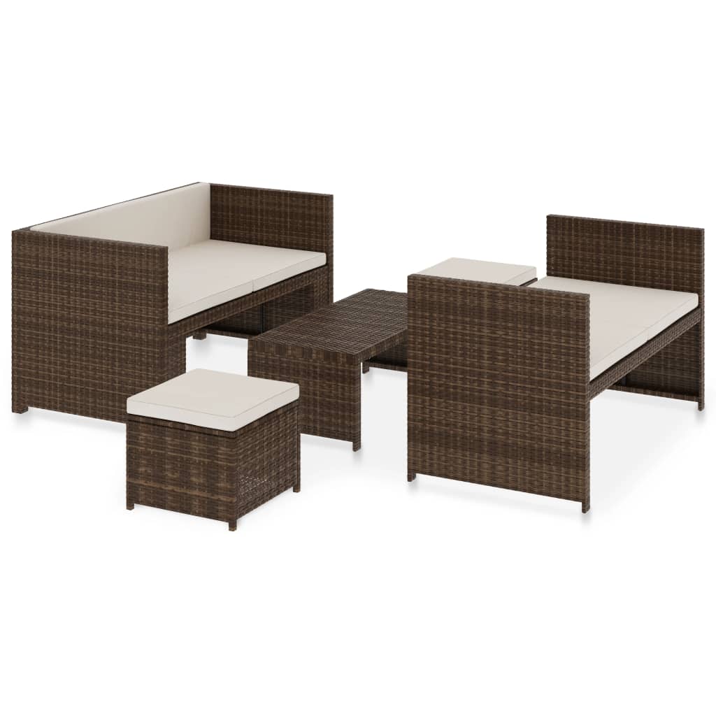 Set muebles de jardín 5 piezas y cojines ratán sintético marrón vidaXL