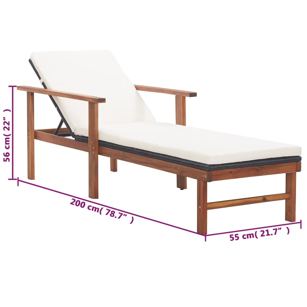 Tumbona con cojín ratán sintético y madera maciza acacia negro vidaXL