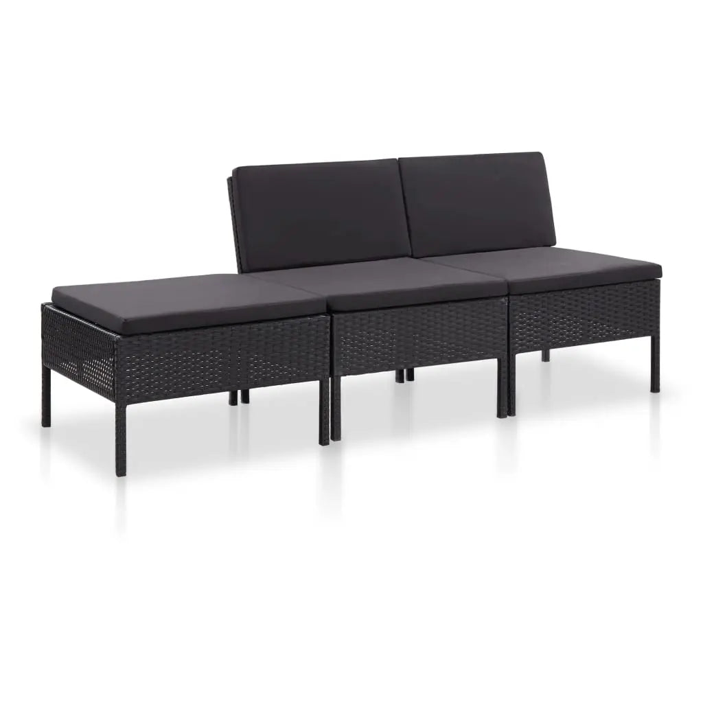 Vetonek Set de muebles de jardín 3 pzas y cojines ratán sintético negro