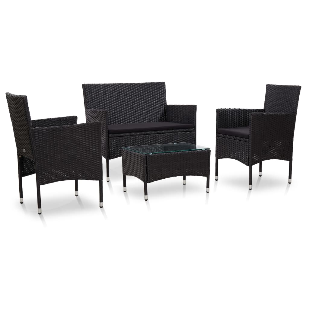 Vetonek Set de muebles de jardín 4 pzas y cojines ratán sintético negro