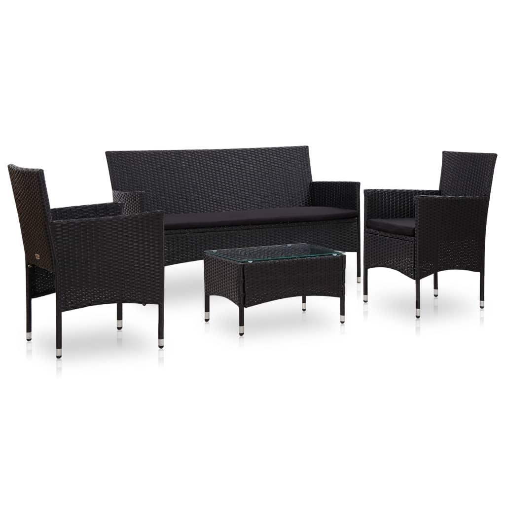 Vetonek Set de muebles de jardín 4 pzas y cojines ratán sintético negro