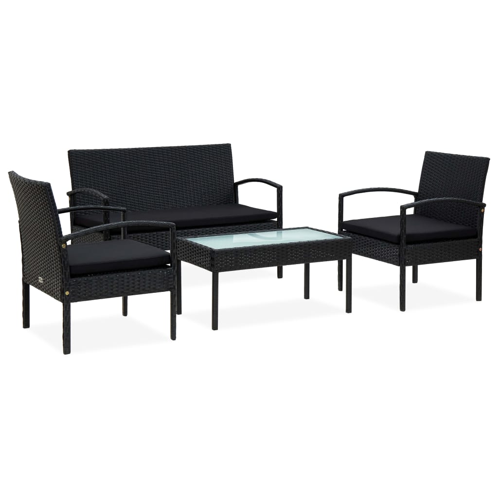 Vetonek Set de muebles de jardín 4 pzas y cojines ratán sintético negro