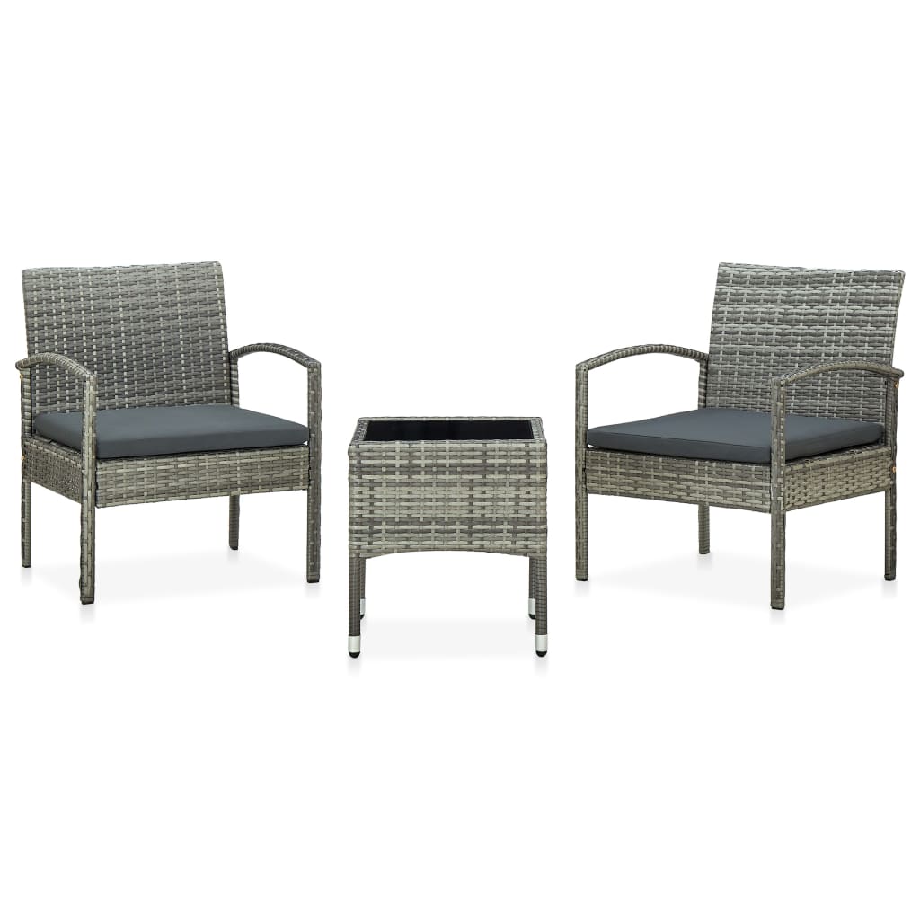 Vetonek Set de muebles bistro de jardín 3 piezas cojines ratán PE gris