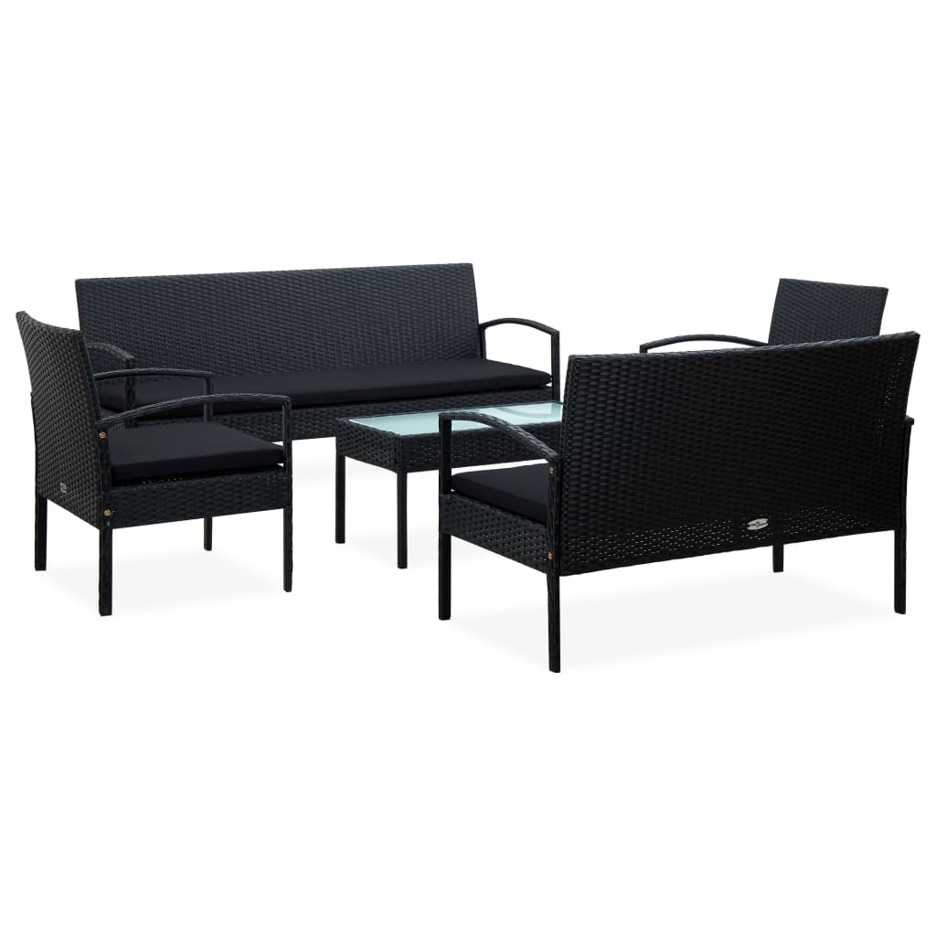 Vetonek Set muebles de jardín 5 piezas y cojines ratán sintético negro