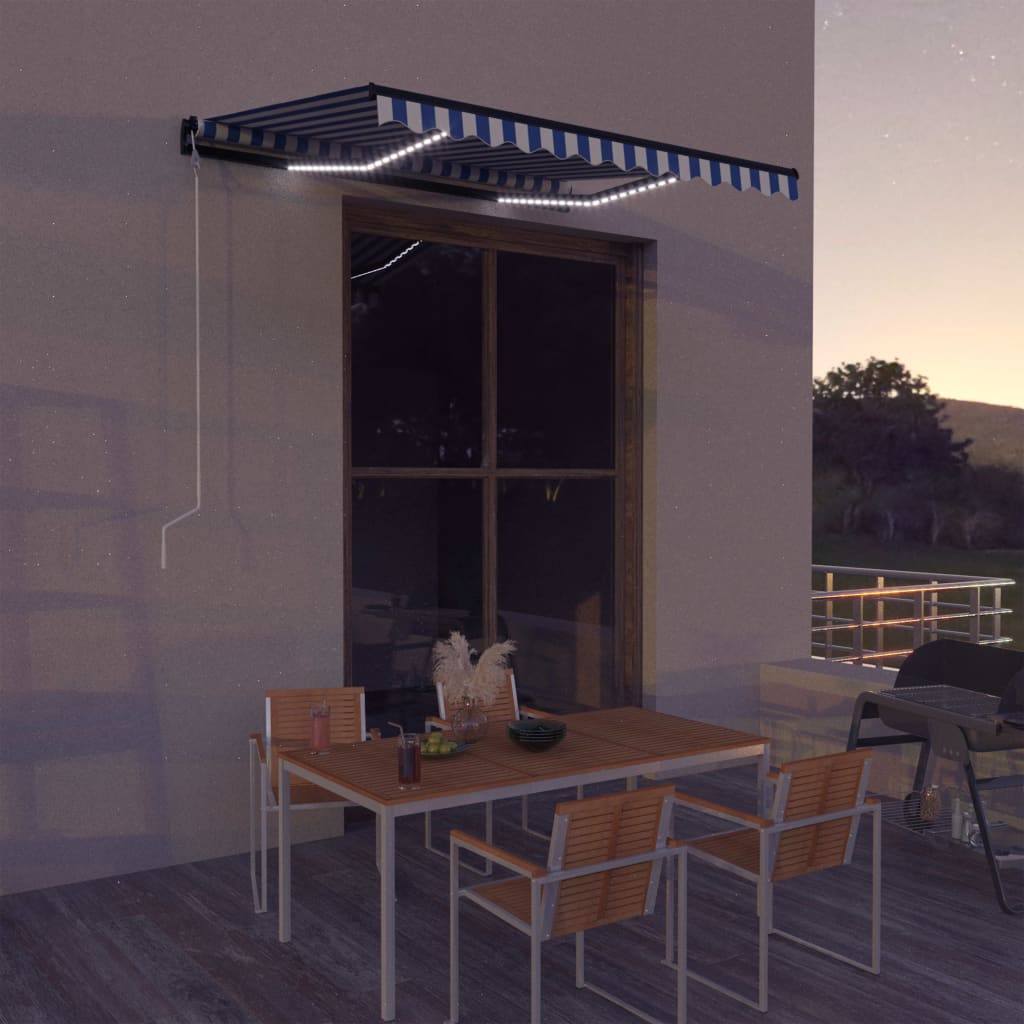 Toldo con LED y sensor de viento azul y blanco 300x250 cm vidaXL