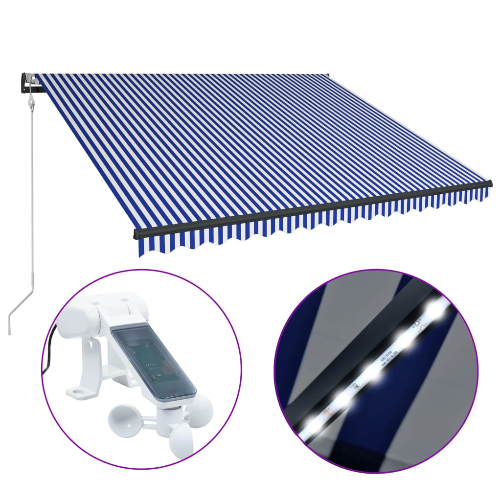 Toldo con LED y sensor de viento azul y blanco 450x300 cm vidaXL