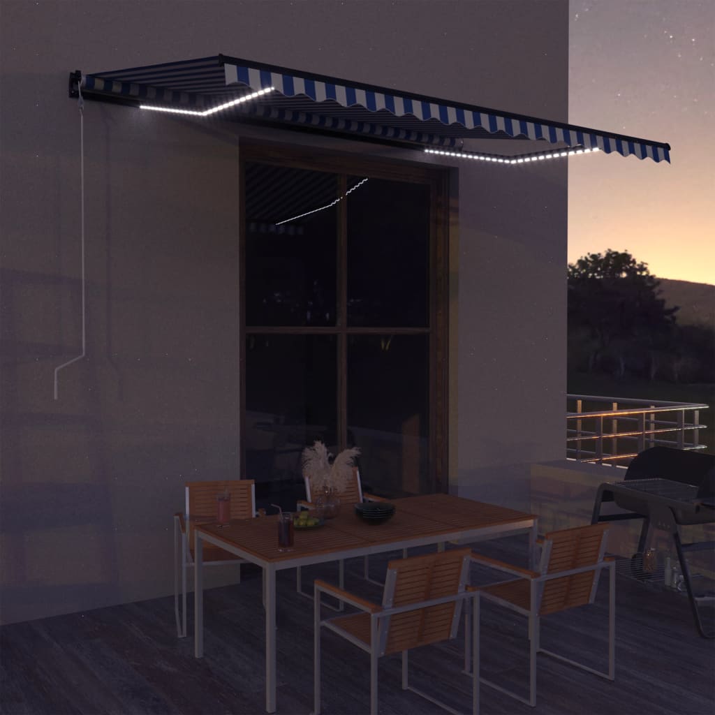 Vetonek Toldo con LED y sensor de viento azul y blanco 450x300 cm