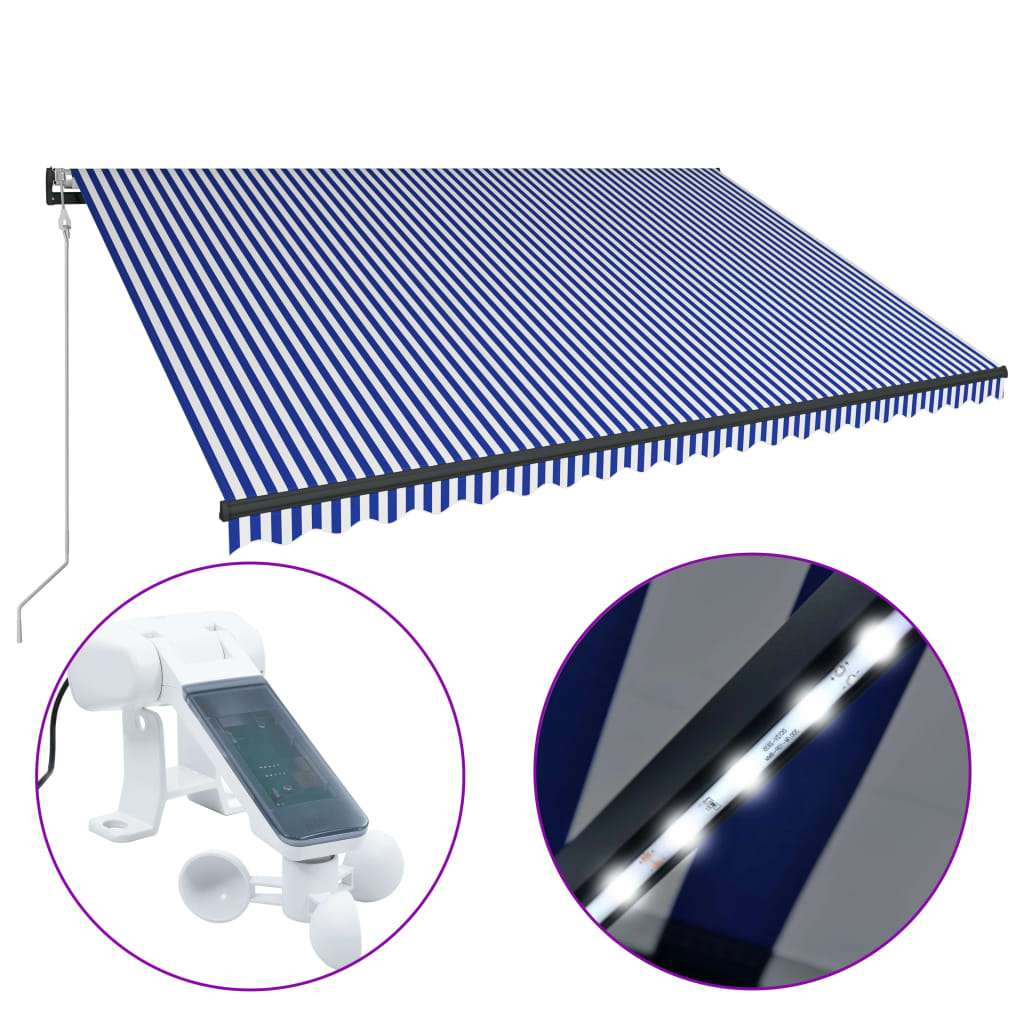 Toldo con LED y sensor de viento azul y blanco 500x300 cm vidaXL