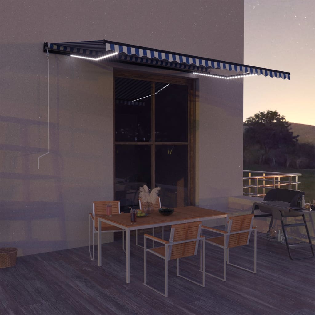 Toldo con LED y sensor de viento azul y blanco 500x300 cm vidaXL