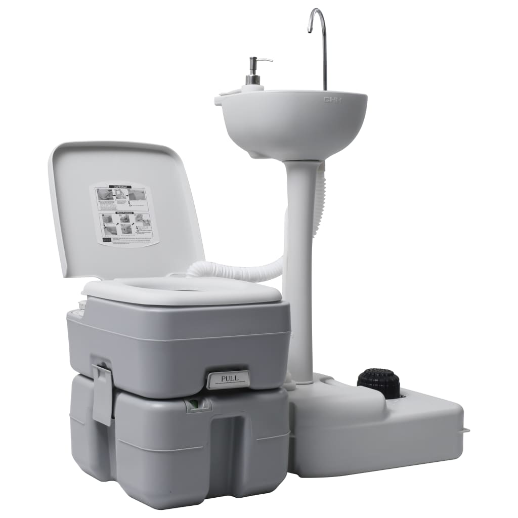 Vetonek Set de lavabo con pedestal e inodoro portátil para camping gris