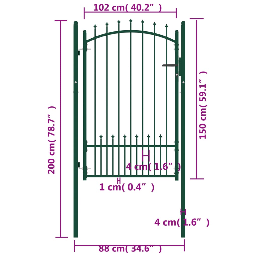 Puerta de valla con picos acero verde 100x150 cm