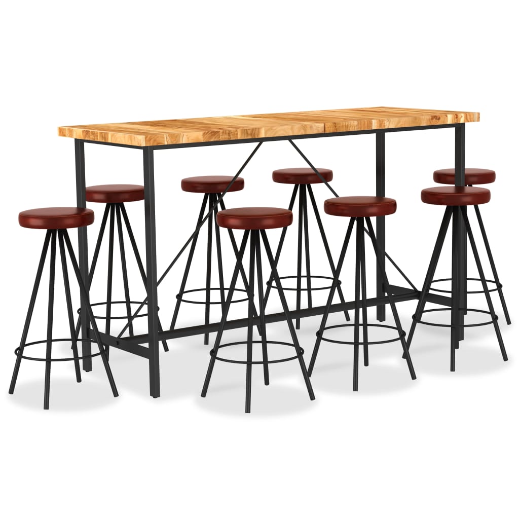 Vetonek Set muebles de bar 9 pzas madera maciza acacia cuero auténtico