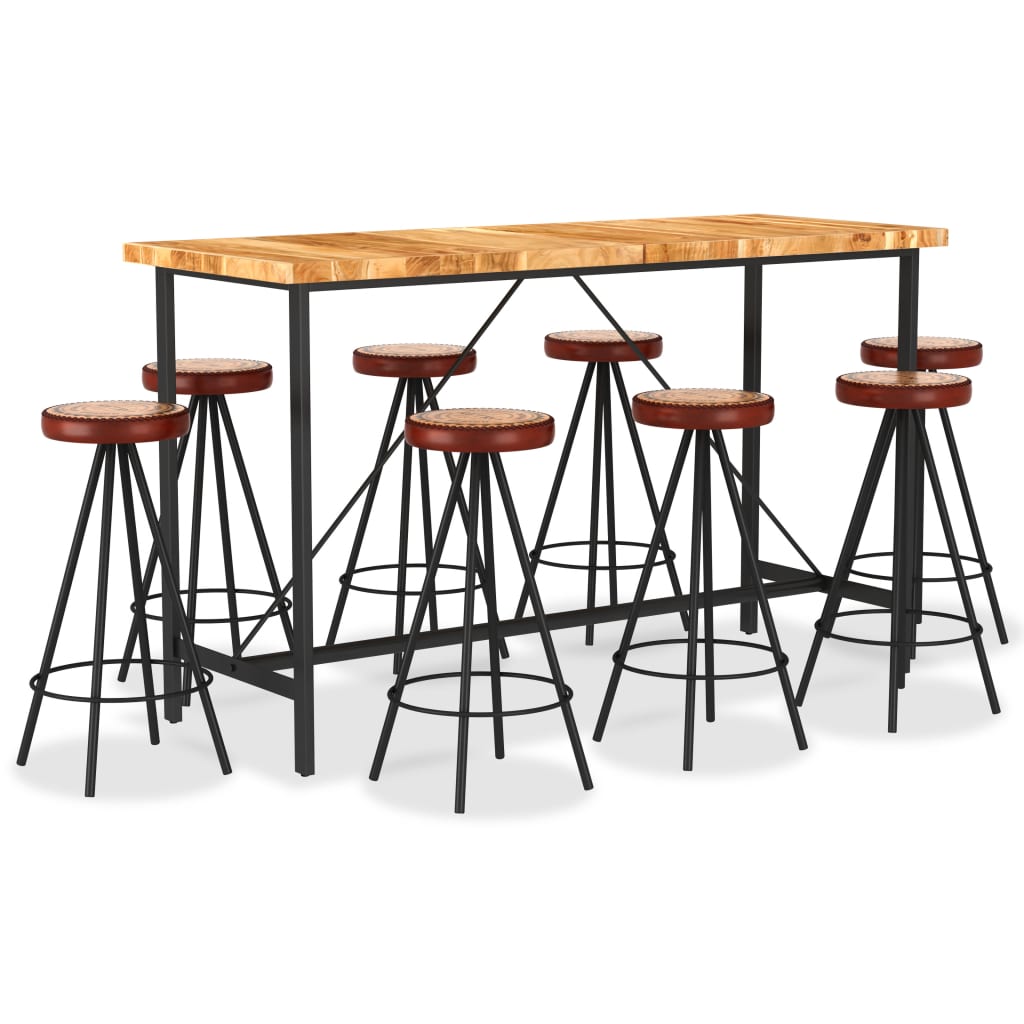 Vetonek Set muebles de bar 9 pzas madera maciza acacia cuero real lona