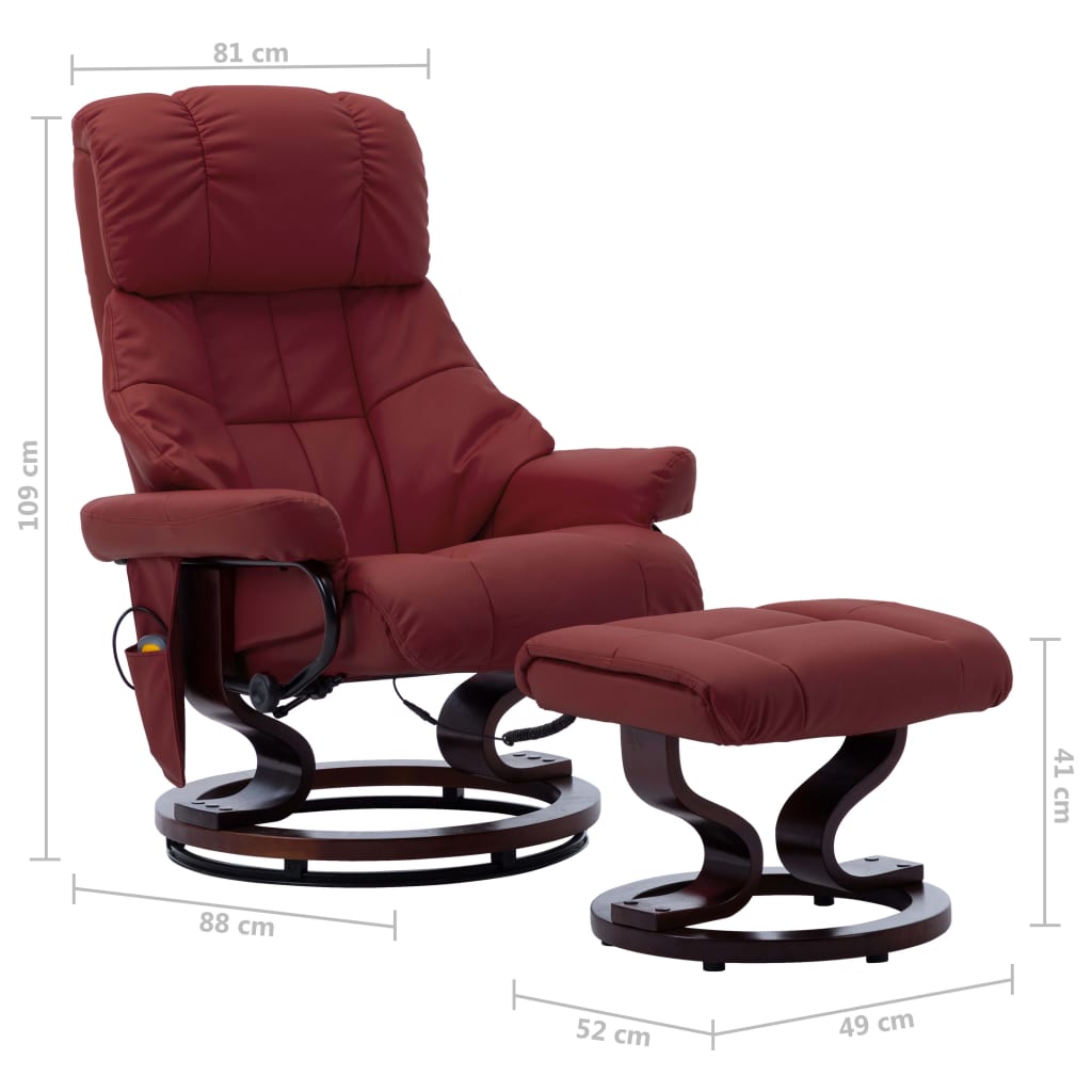 Sillón reclinable de masaje cuero PE madera curvada rojo tinto vidaXL