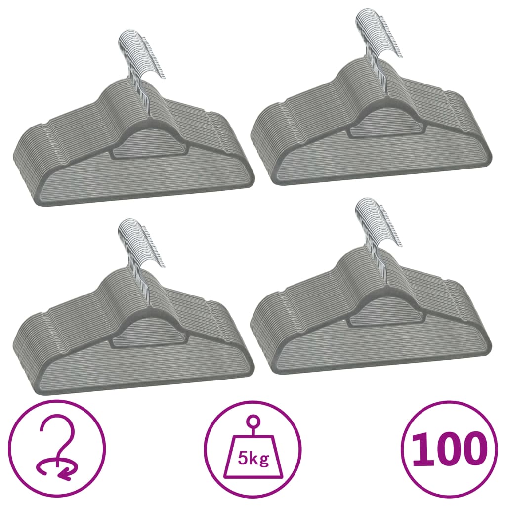 Vetonek Juego de perchas ropa 100 uds antideslizantes terciopelo gris