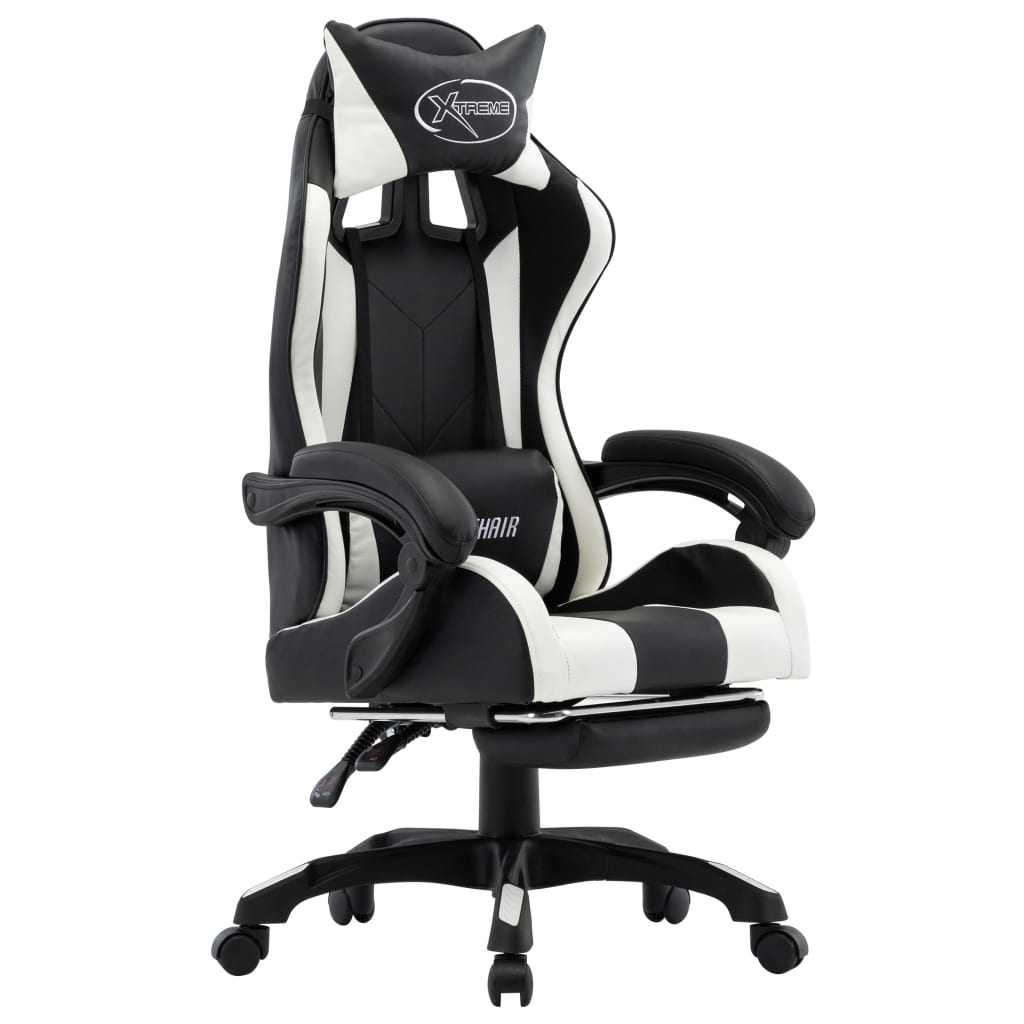 Vetonek Silla gaming con reposapiés cuero sintético blanco y negro