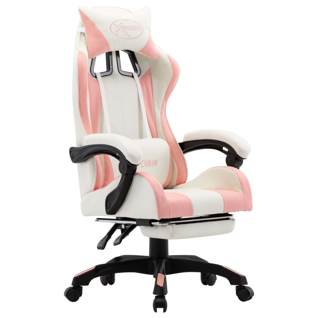 Vetonek Silla gaming con reposapiés cuero sintético rosa y blanco 