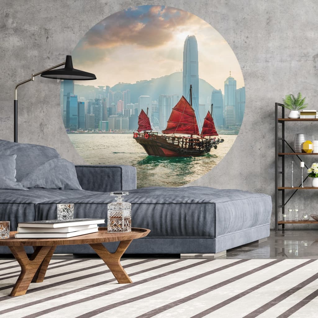 VicArt Círculo de papel pintado Skyline with Junk Boat 142,5 cm vidaXL