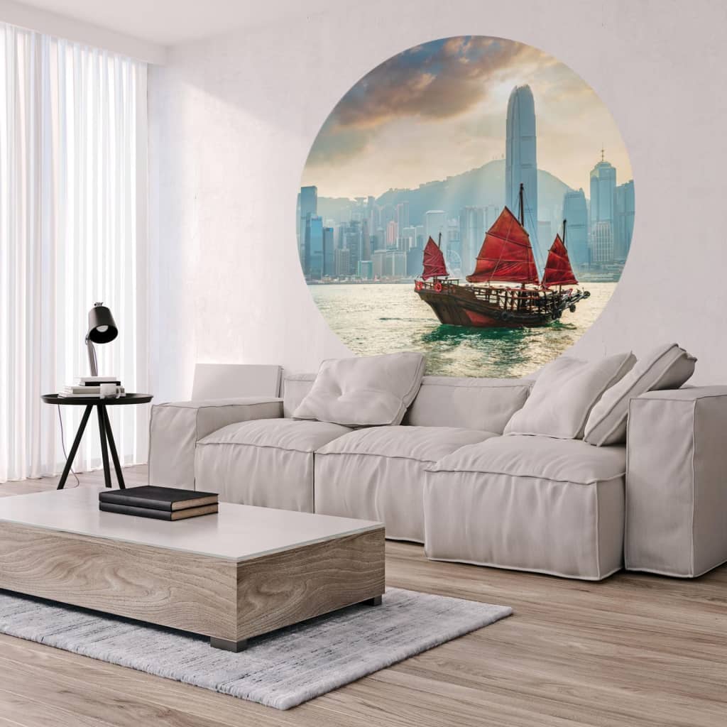 VicArt Círculo de papel pintado Skyline with Junk Boat 142,5 cm vidaXL