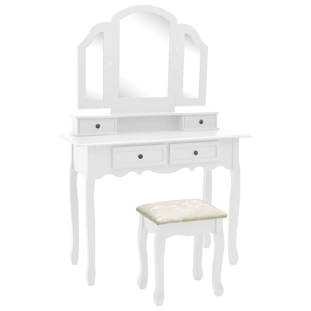 Vetonek Set de tocador y taburete madera paulownia blanco 100x40x146cm 