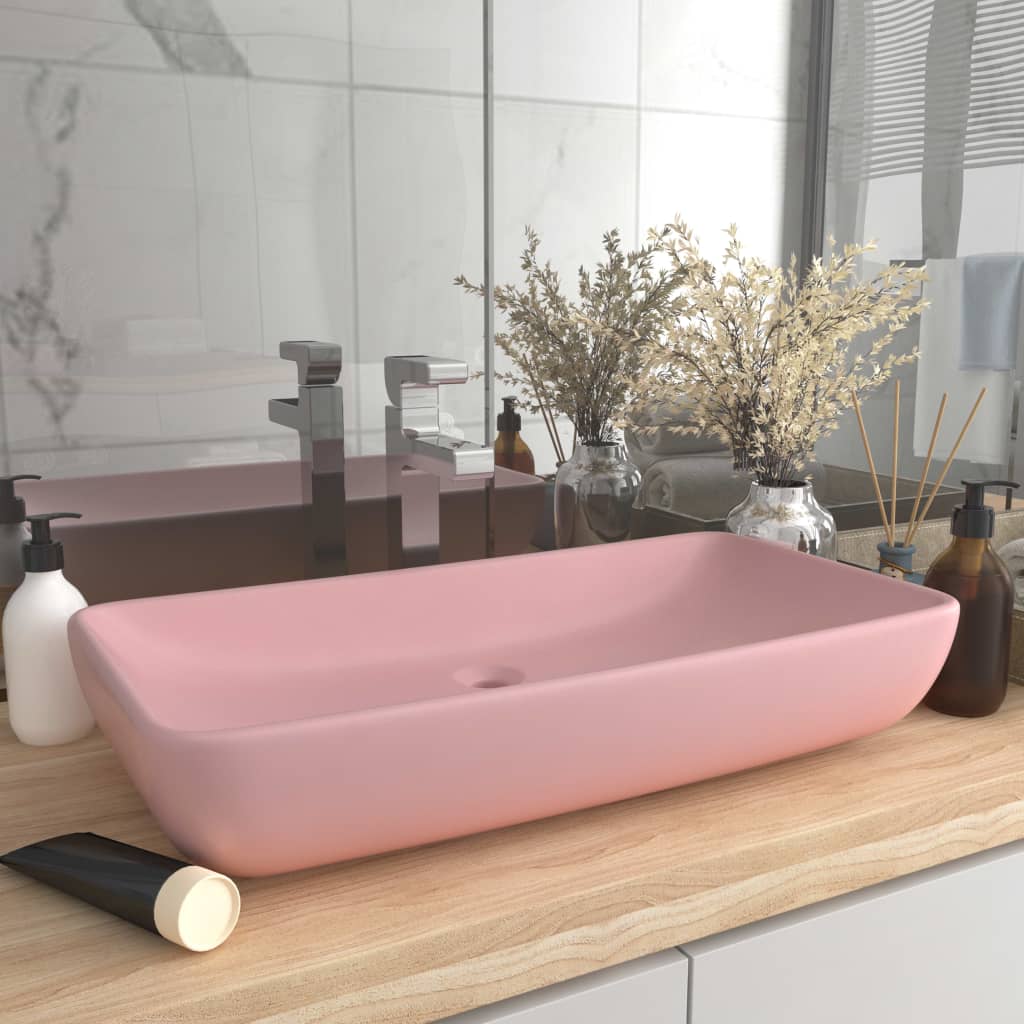 Vetonek Lavabo de lujo rectangular de cerámica rosa mate 71x38 cm