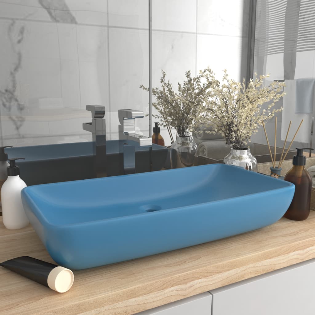 Vetonek Lavabo de lujo de cerámica rectangular azul claro mate 71x38 cm