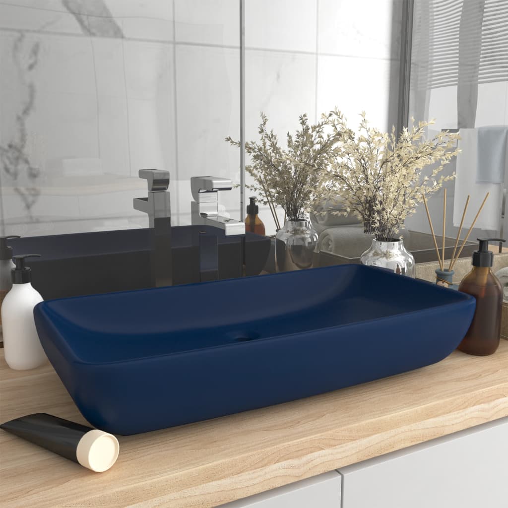 Vetonek Lavabo rectangular de lujo cerámica azul oscuro mate 71x38 cm