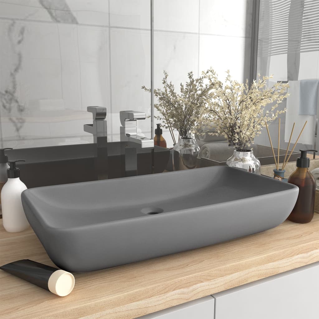 Lavabo de lujo de cerámica rectangular gris claro mate 71x38 cm