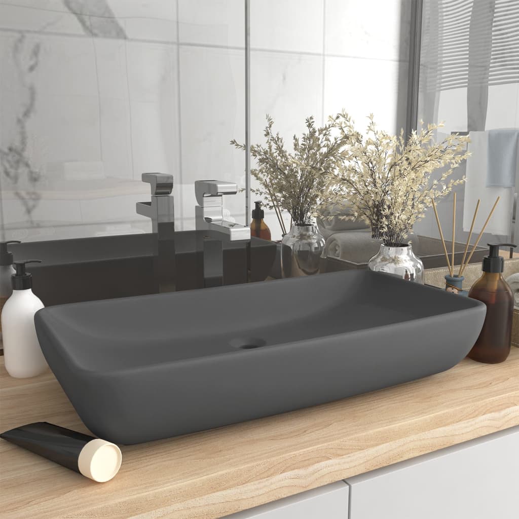 Vetonek Lavabo de lujo de cerámica rectangular gris oscuro mate 71x38cm