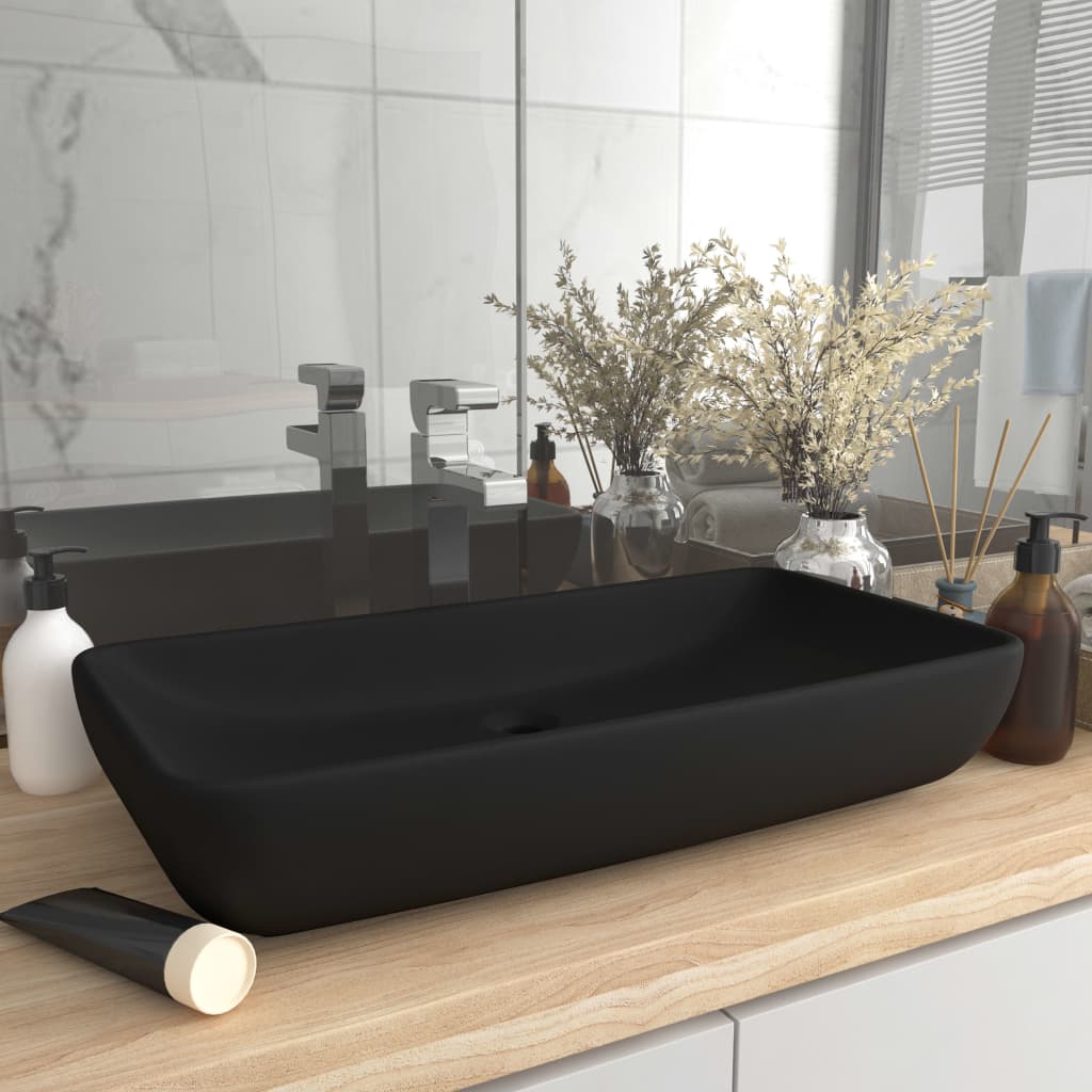 Vetonek Lavabo de lujo de cerámica rectangular negro mate 71x38 cm