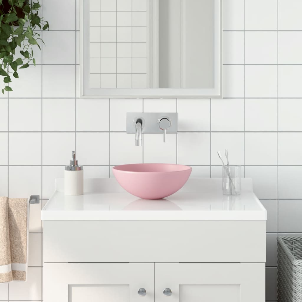 Vetonek Lavabo de cuarto de baño redondo cerámica rosa mate