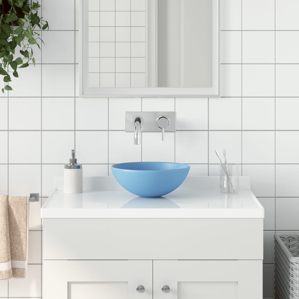 Vetonek Lavabo de cuarto de baño redondo cerámica azul claro