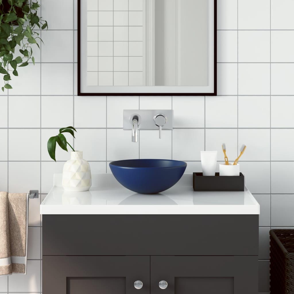 Vetonek Lavabo de cuarto de baño redondo de cerámica azul oscuro