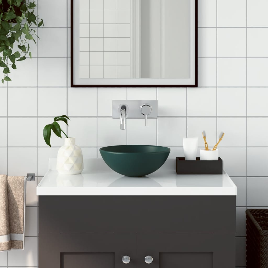 Vetonek Lavabo de cuarto de baño redondo cerámica verde oscuro