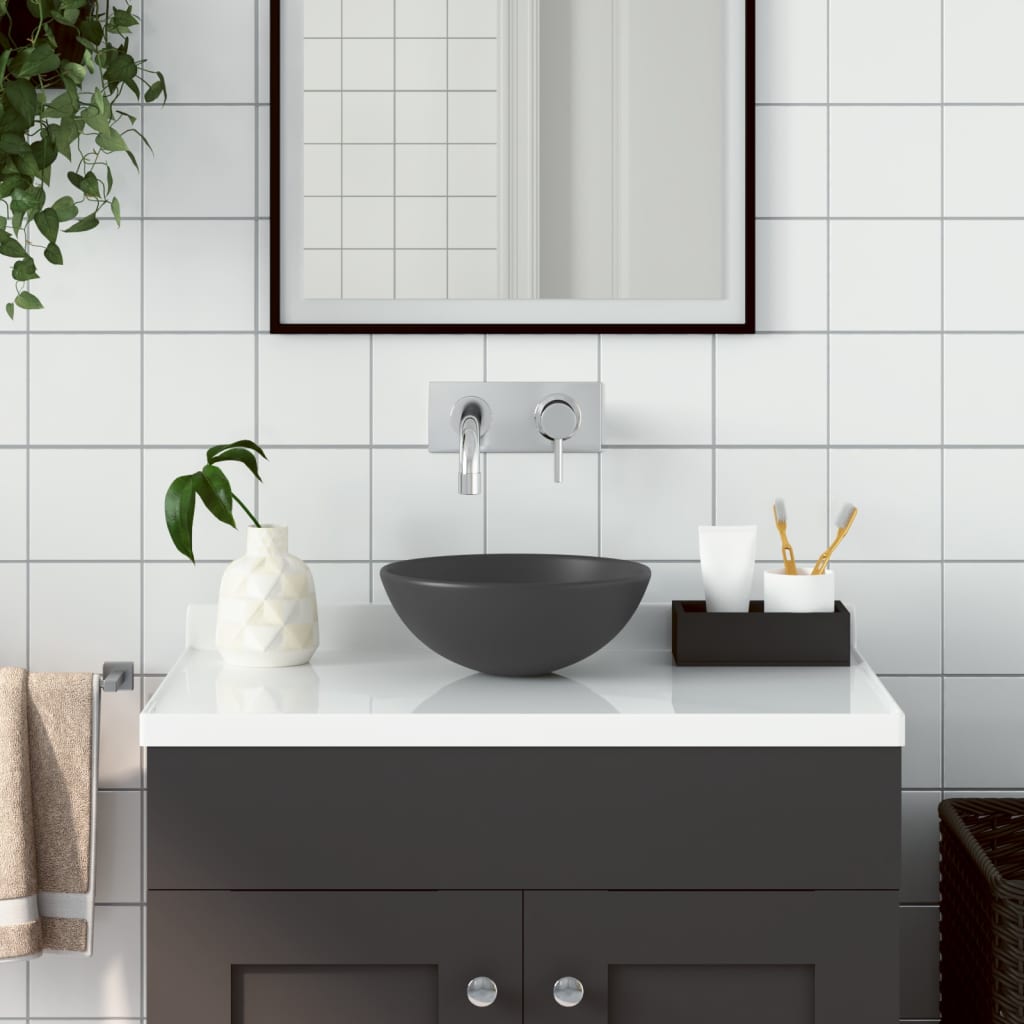 Vetonek Lavabo de cuarto de baño redondo cerámica gris oscuro