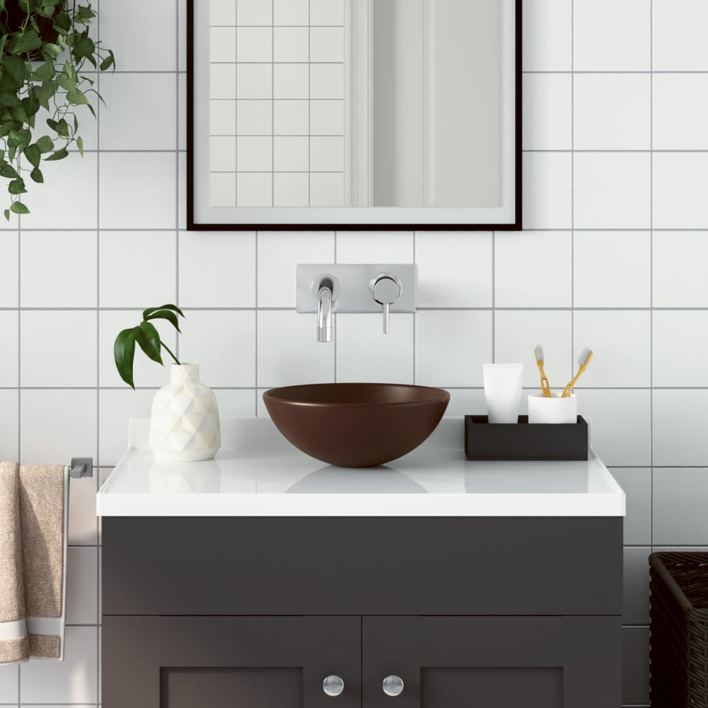 Vetonek Lavabo de cuarto de baño redondo cerámica marrón oscuro