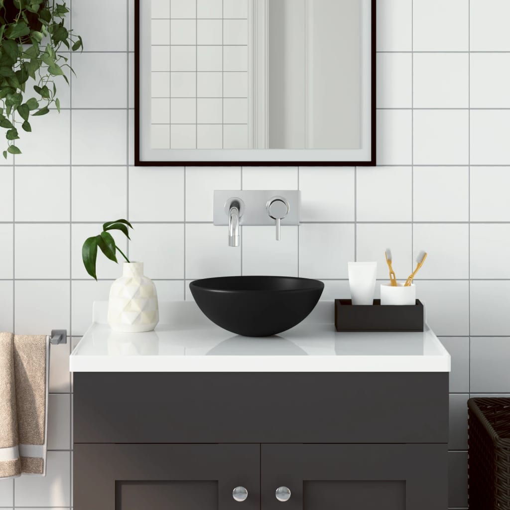 Vetonek Lavabo de cuarto de baño redondo cerámica negro mate