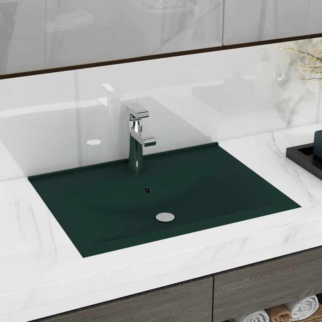 Vetonek Lavabo de lujo con grifo cerámica verde oscuro 60x46 cm